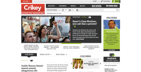 Screenshot of Crikey homepage: 9:30pm 29/05/14