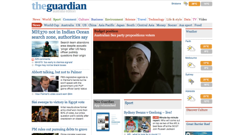 Screenshot of The Guardian Australia homepage: 9:30pm 29/05/14
